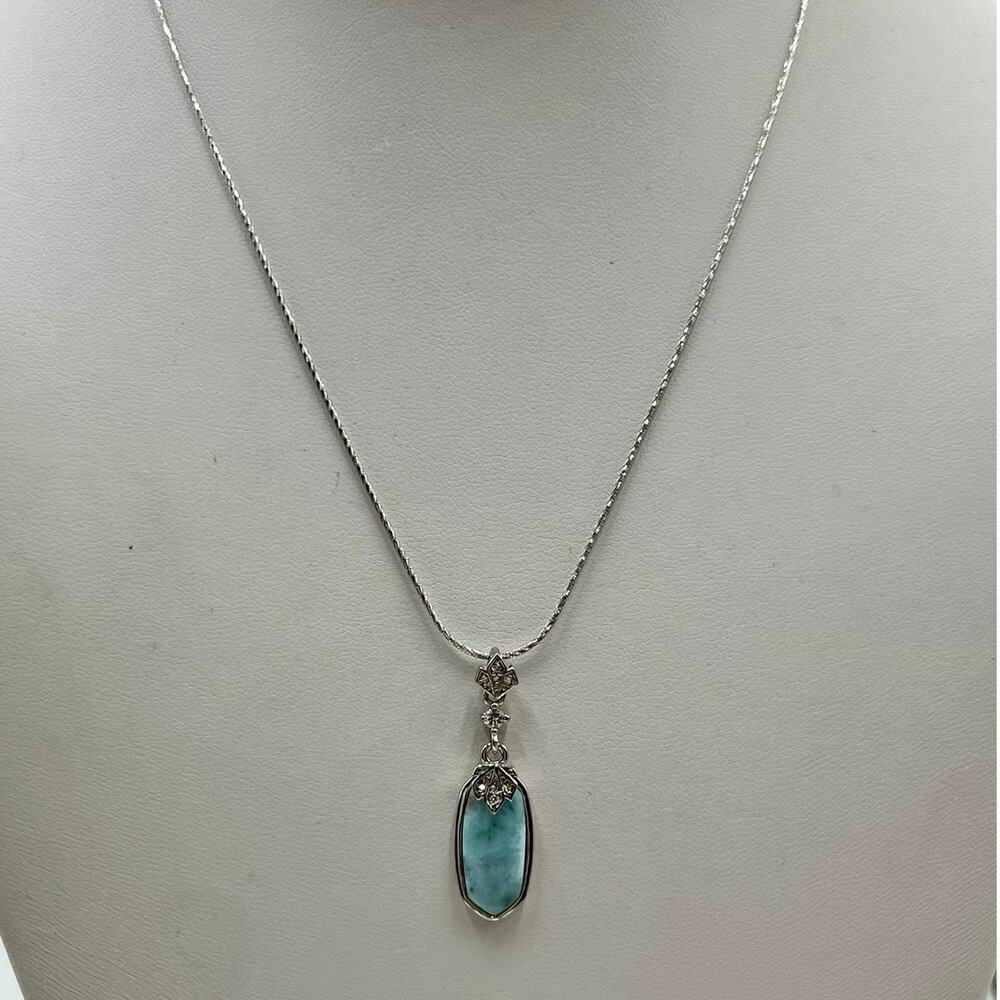 Larimar CZ Pendant Necklace Intricate Sterling Silver Setting and Chain